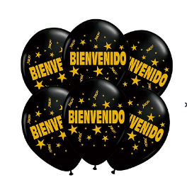 Set de globos latex Bienvenido letras doradas