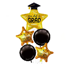 Set de globos metalico de graduacion dorado-negro 5pcs