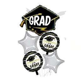 Set de globos metalico graduacion negro-plateado 5pcs