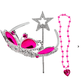 Accesorios princesa 3pcs, corona, collar y varita color fucsia