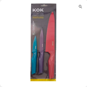 SET DE 3 CUCHILLOS COCINEROS COLORES KOK